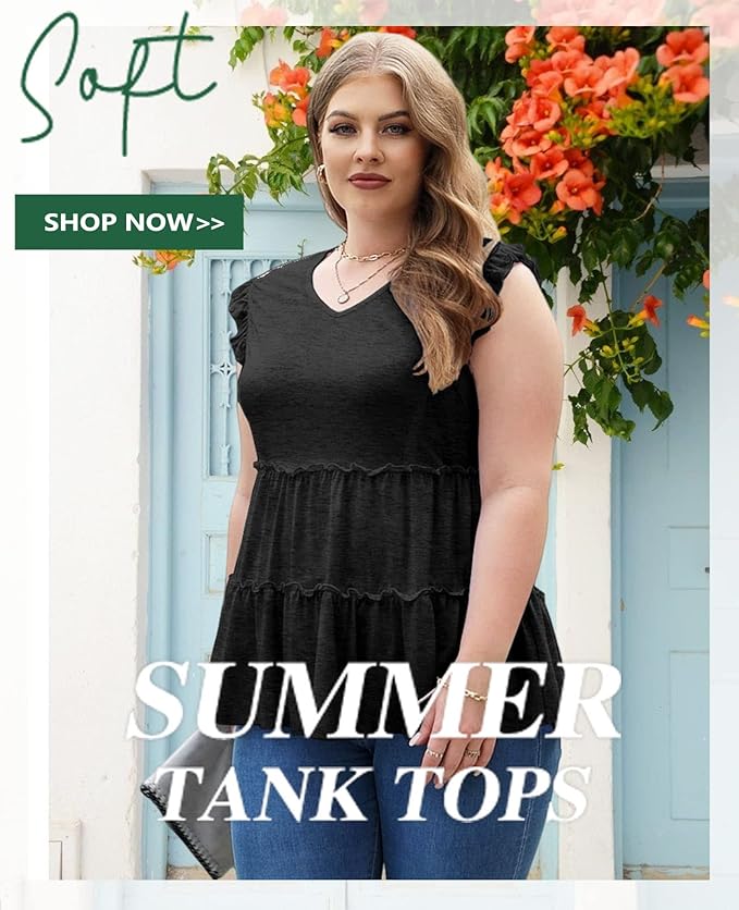 Womens Babydoll Tank Tops V Neck Ruffle Sleeve Pleated Peplum Shirts Summer