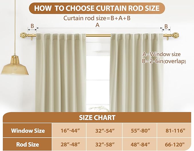 Curtain Rods 2 Pack 32 to 58 Inch, HOTOZON Curtain Rods for Windows, 3/4 Inch Single Splicing Drapery Rod with Netted Finials, Antique Gold