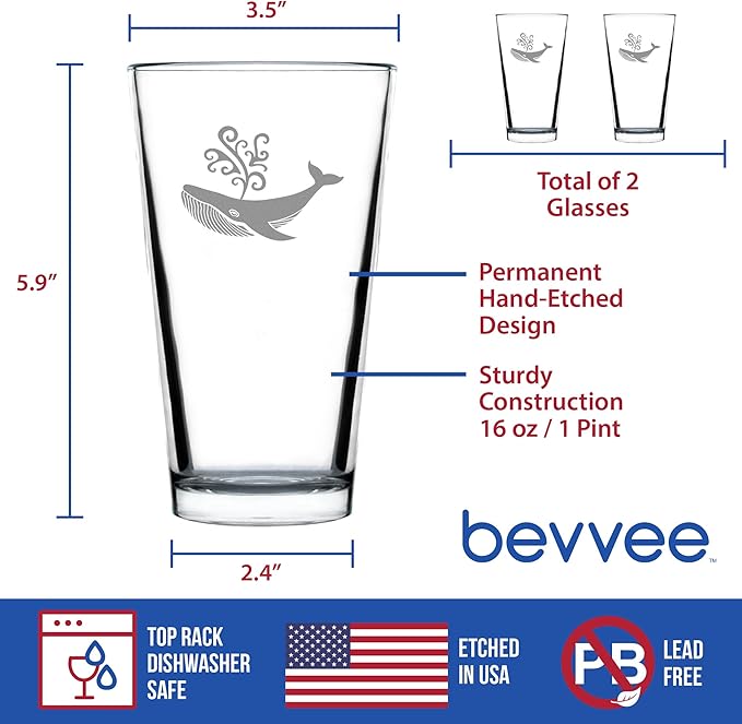Bevvee Whale Pint Glass for Beer - Beach Themed Decor and Gifts for Whale Lovers - Set of 2-16 Oz Glasses