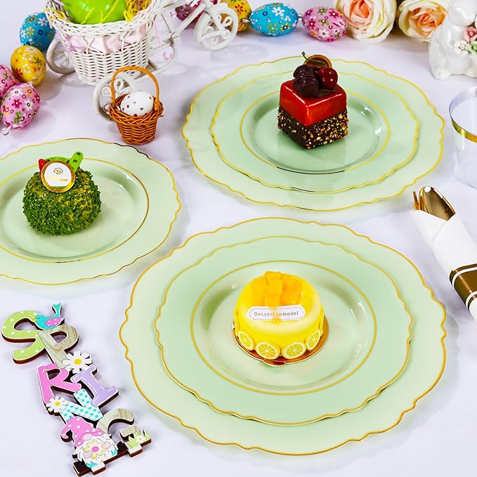 Liacere 350PCS Light Green Plates - Disposable Green and Gold Plastic Plates 50guest Baroque Dinnerware include 100Plates,50Pack Pre Rolled Napkins with Silverware 50Cups for Wedding ＆ Easter Day