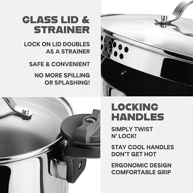 GOTHAM STEEL 8 Qt Stainless Steel Stock Pot Multipurpose Pasta Pot with Strainer Lid & Twist and Lock Handles, for Soup, Spaghetti, Rice, Induction Ready, Dishwasher Safe