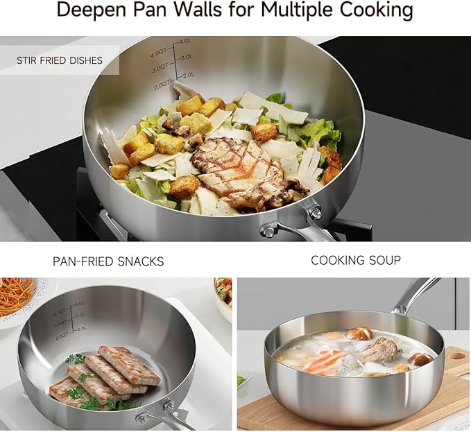 Tri-ply Stainless Steel Saute Pan 4-Quart with Clear Lid Deep Frying Pan for Chef's Cooking Wok Induction Oven Dishwasher Safe, Compatible with All Cooktops(Detachable Handle,10 Inch)