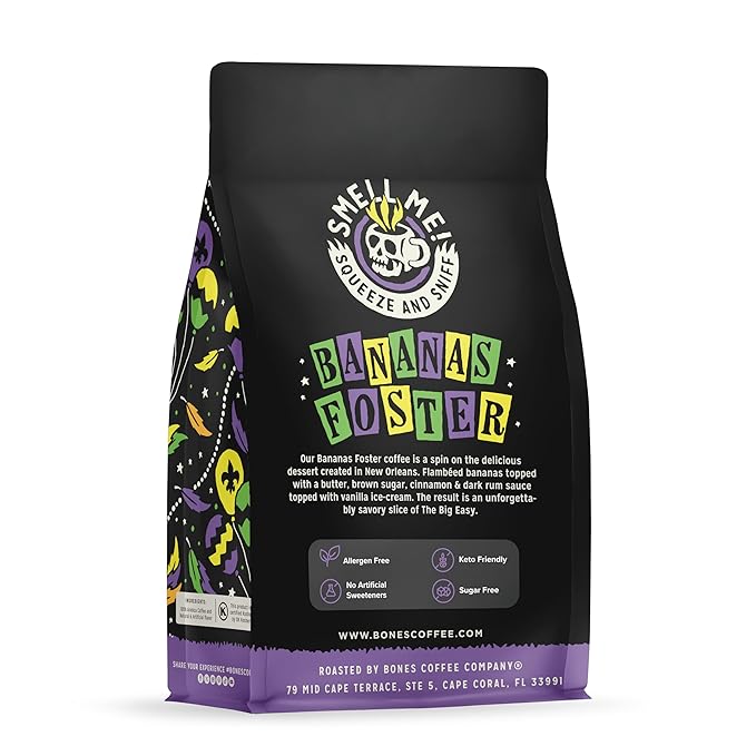 Bones Coffee Company Bananas Foster, Banana, Rum and Vanilla Flavored Coffee, Medium Roast Low Acid Arabica Beans Compatible with Auto drip and French Press Coffee Maker, 12 Oz Whole Bean