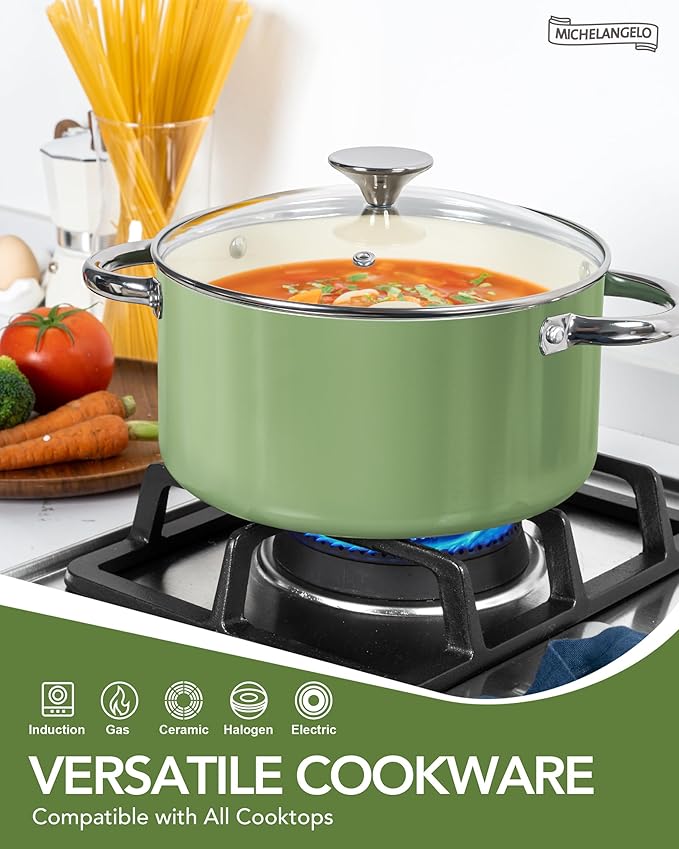 MICHELANGELO Pots and Pans Set Non Stick - Titanium Cookware Set Non Toxic Ceramic Coating, 8-Pcs Nonstick Pots and Pans with Ergonomic Handle, Dishwasher Safe & Induction Compatible, Green