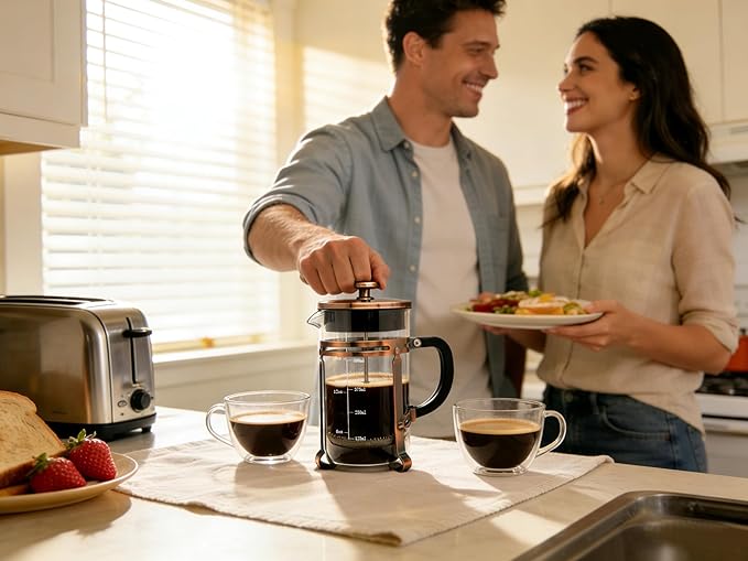 Coffee Maker304 Stainless Steel French Press with 4 Filter, Heat Resistant Durable, Borosilicate Glass Coffee Press, 100% BPA Teapot, 21 ounce, copper