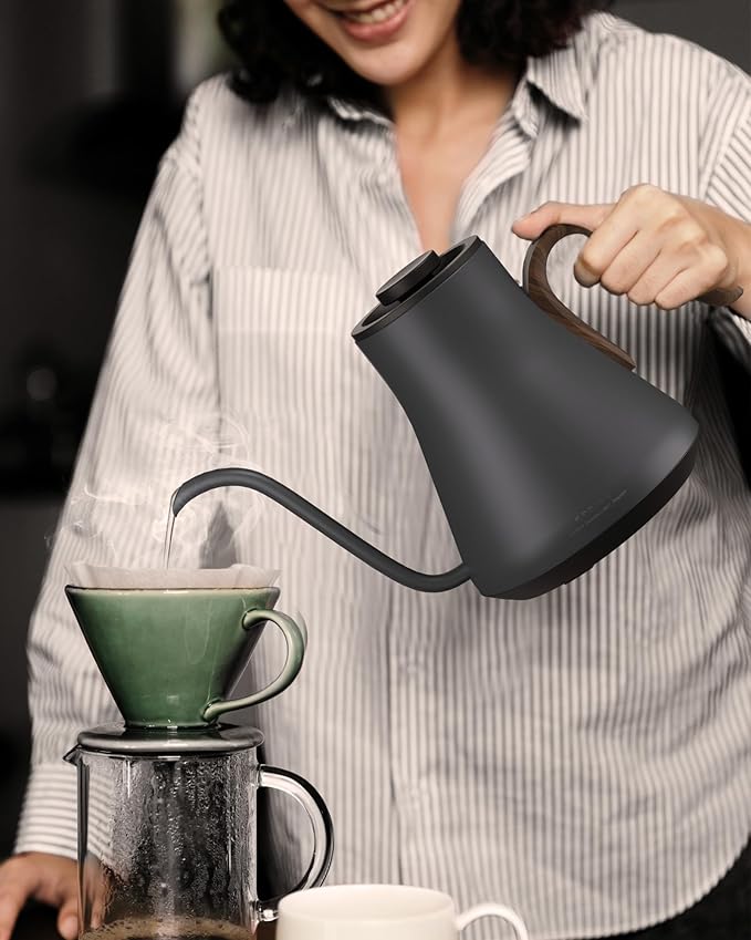 Gooseneck Electric Kettle with Precise ±1℉ Temperature Control, Wood-Accented Handle, Stainless Steel Interior, Quick Heating Pour Over Kettle for Coffee & Tea, 0.9L, Matte Grey