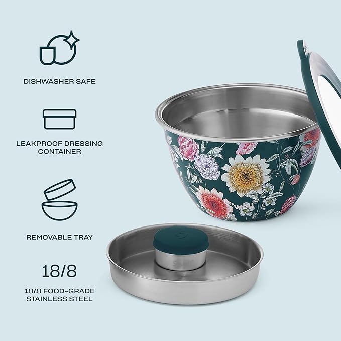 S'well Stainless Steel Salad Bowl Kit 64oz, Midnight Botanical, Comes with 2oz Mini Canister and Removable Tray for Organization, Leakproof, Easy to Clean, Dishwasher Safe