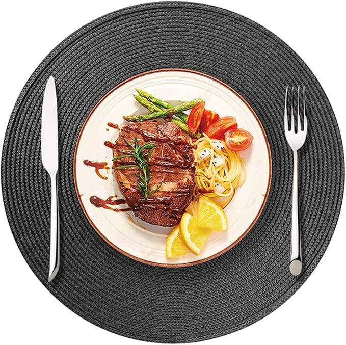 Round Table Mat Braided Woven Set of 4 Woven Placemats Heat Non-Slip for Kitchen Indoor and Outdoor 15 Inch(PPR Dark Grey,Round_38CM 6PCS)