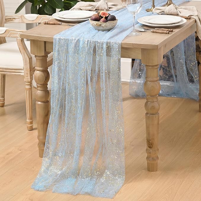 Artoid Mode Gold Gauze Light Blue Table Runner 120 Inch 10FT, Glitter Metallic Foil Sheer Dining Wedding Anniversary Holiday Birthday Table Decor for Home Party