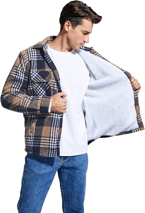 Men's Cotton Sherpa Lined Button Down Flannel Shirt Jacket Plaid Soft Outdoor Flannel Jacket Shirt
