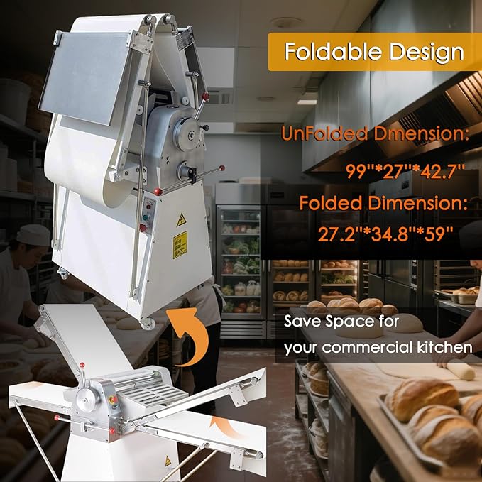INTBUYING Electric Dough Sheeter Machine 20x80.9'' Belt Reversible Puff Pastry Roller Sheeter Croissant Bread Dough Flatten Presser Stainless Steel Danish Maker Folding Sheeter for Bakery 220V/60HZ