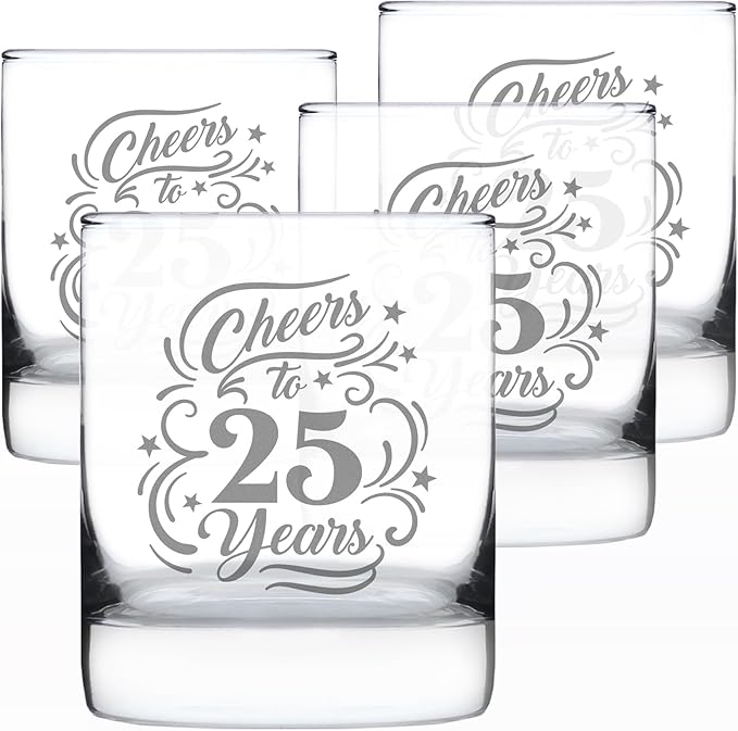 Bevvee Cheers to 25 Years - Whiskey Rocks Glass Gifts for Women & Men - 25th Anniversary Party Decor - Set of 4-10.25 Oz Glasses