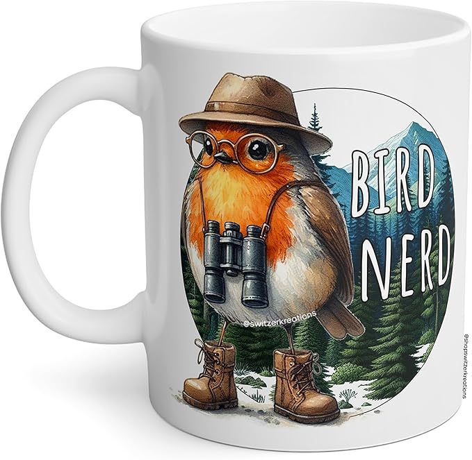 Bird Nerd Coffee Mug, Birding Beverage Cup, Funny Bird Watcher Gifts, Sarcasm, Robin Wearing Binoculars, Any Occasion Gift, Coffee Drinker - Novelty (11Oz All White)