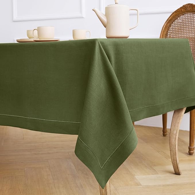 Solino Home Olive Linen Tablecloth 60 x 156 Inch - 100% Pure Linen Classic Hemstitch Table Cloth for Rectangle Tables - Machine Washable Tablecloth for Wedding, Parties, St Patricks Day