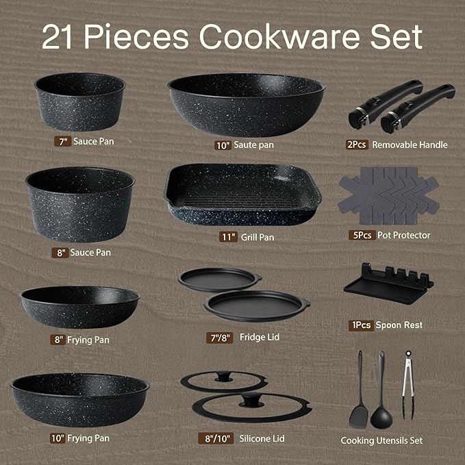 Pots and Pans Set Non Stick, Ceramic Cookware Sets 21 PCS, Granite Induction RV Kitchen Portable Stackable Cooking Set Removable Handles, Dishwasher ＆ Oven Safe, Black