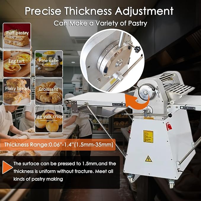 INTBUYING Electric Dough Sheeter Machine 20x80.9'' Belt Reversible Puff Pastry Roller Sheeter Croissant Bread Dough Flatten Presser Stainless Steel Danish Maker Folding Sheeter for Bakery 220V/60HZ