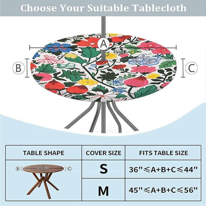 Outdoor Round Tablecloth with Umbrella Hole, Colorful Flower Fitted Tablecloth, 36"-44" Waterproof Oil-Proof Patio Table Cover for Picnic Camping Party