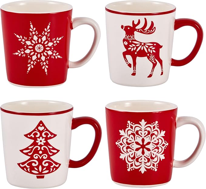 Bico Holly Jolly Ceramic Mug Set of 4, Christmas Coffee Mugs, 18oz Holiday Cups for Tea, Cocoa, or Hot Drinks, Microwave & Dishwasher Safe