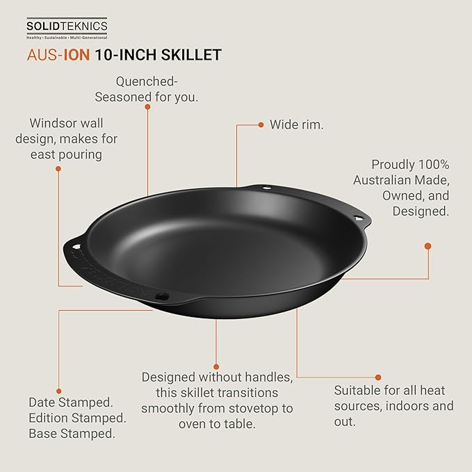 SOLIDTEKNICS AUS-ION 10-inch Oven-to-Table Skillet - Lightweight, Versatile Cookware for Frying, Baking, Grilling - Seamless Transitions from Stovetop to Table Performance Made in Australia