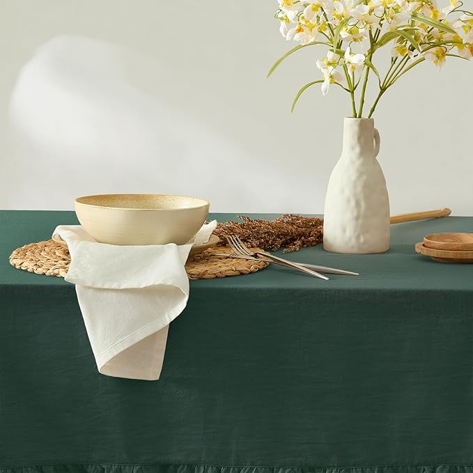MONDAY MOOSE Ruffle Farmhouse Rustic Rectangle Natural Stonewashed Cotton Tablecloth for Kitchen, Dining Room, Restaurant (60x102 inch, Teal Green)