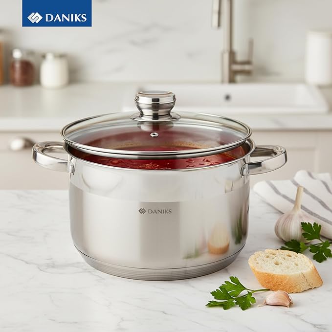 Daniks Standard 7 Quart Stainless Steel Stock Pot with Glass Lid, Try-Ply Bottom for Even Heating, Induction Compatible, Dishwasher Safe, Built-In Measuring Scale, Silver