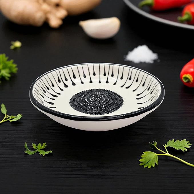 Ceramic Grater Bowl, Garlice Grater Plate, Handmade Ginger Grater, Mincer Bowl for Cheese &Vegetables, Ceramic Decorative Mincer, Hand Dish for Garlic (Black Drops)