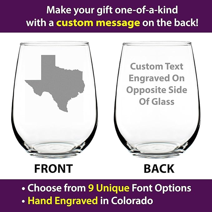Custom Texas State Outline - Personalized Stemless Wine Glass - State Themed Drinking Decor and Gifts for Texans - Large 17 Ounce - Customized Wine Glass Gift