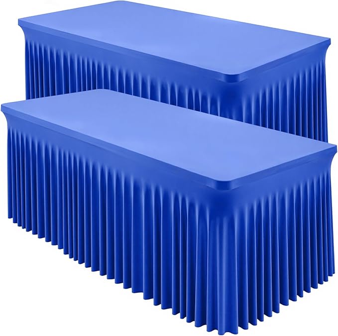2 Packs Royal Blue Tableclothes for 6 Foot Rectangle Table, Wrinkle Free Spandex Tablecovers 6FT Stretch Fitted Table Cloth with Skirt for Birthday Parties Graduations Event Wedding Banquet