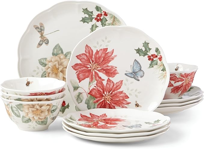Lenox 884473 Butterfly Meadow Holiday 12-Piece Dinnerware Set, Christmas, Hosting