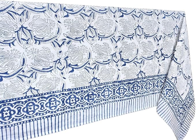 ATOSII ‘Santorini’ 100% Cotton Fall Tablecloth, Handblock Print Blue Rectangle Table Cloth for Kitchen I Dining Table Linen I Parties Wedding Christmas Thanksgiving I Fall Decor 60 X 108 Inches