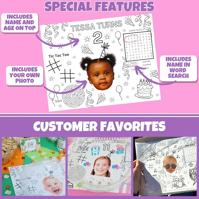 Custom Coloring Placemat Activity Sheets, Personalized Birthday Party Favors for Childrens Table Decorations, Set of 12 Coloring Pages