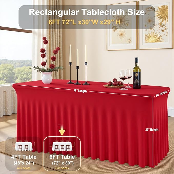 Red Spandex Tablecloth with Skirt for 6FT Tables – Wrinkle-Free, Stretch Fitted Elastic Cover – Rectangle Table Cloth for Christmas Banquets Parties Buffets Restaurants