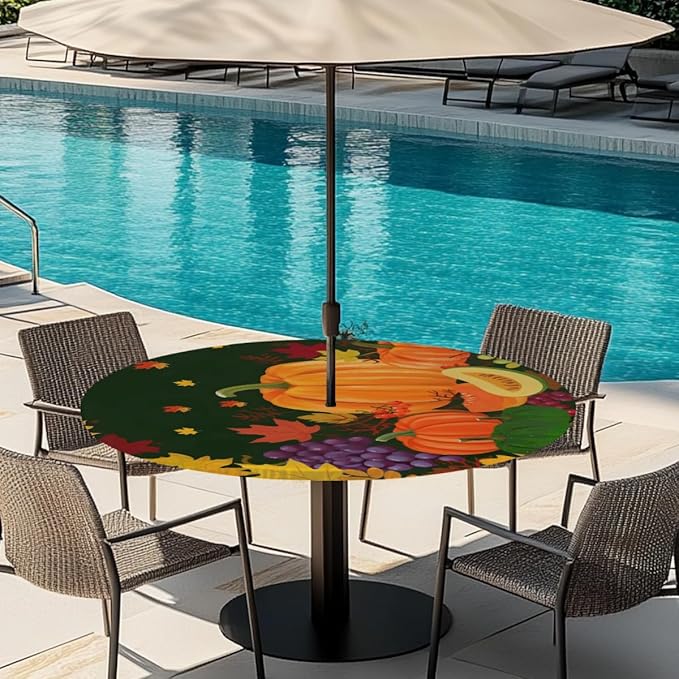 Outdoor Fitted Round Table Cloth With Umbrella Hole, Autumn Pumpkin Circle Elastic Tablecloth 36"-44" Waterproof Zipper Patio Table Cover for Picnic Camping Party Halloween Christmas Decoration