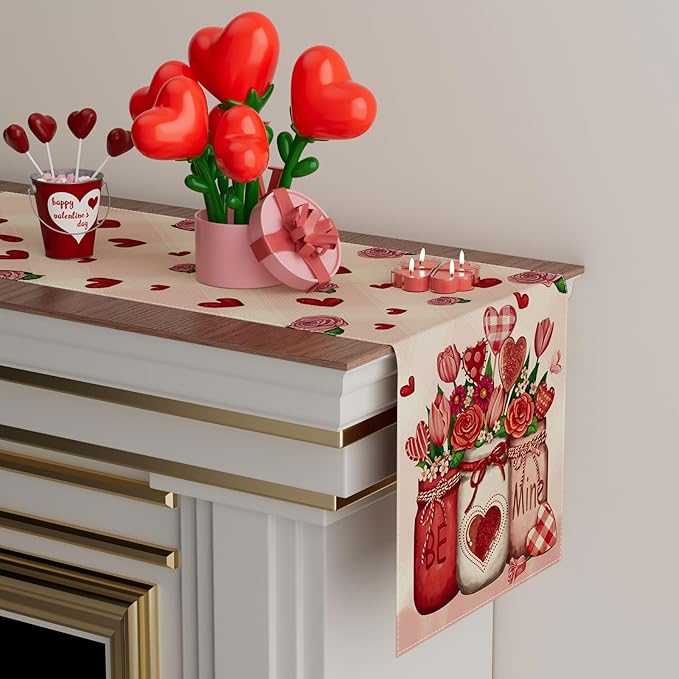 XCHI Roses Flowers Love Hearts Vase Valentine’s Day Table Runner Table Decoration for Party Home Kitchen Dining Dinner Holiday Decor 13x120 Inch