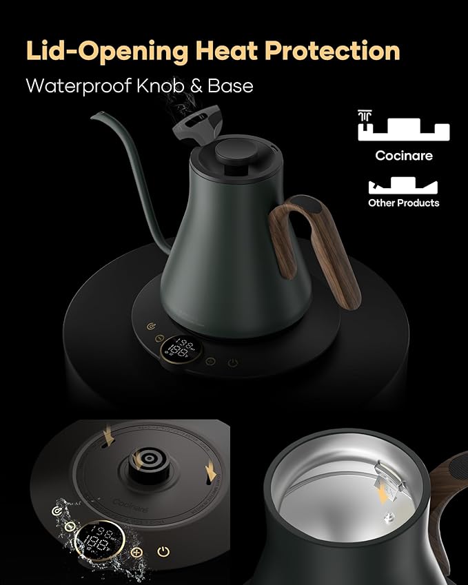 Cocinare FLOW B9 Gooseneck Electric Kettle, Precise Temperature Control for Pour-Over Coffee & Tea Brewing, Stainless Steel Interior, Rapid Heating for Boiling Water 0.9L (Delacroix Green)