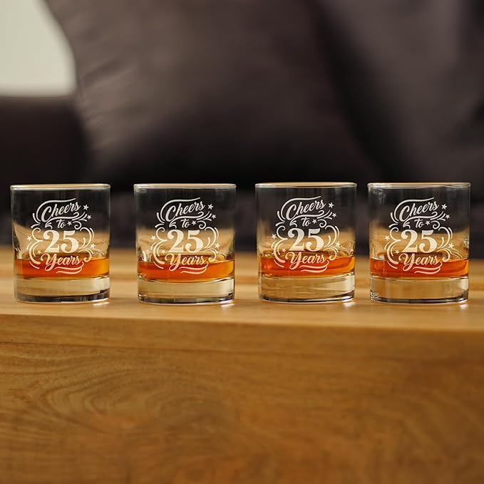 Bevvee Cheers to 25 Years - Whiskey Rocks Glass Gifts for Women & Men - 25th Anniversary Party Decor - Set of 4-10.25 Oz Glasses
