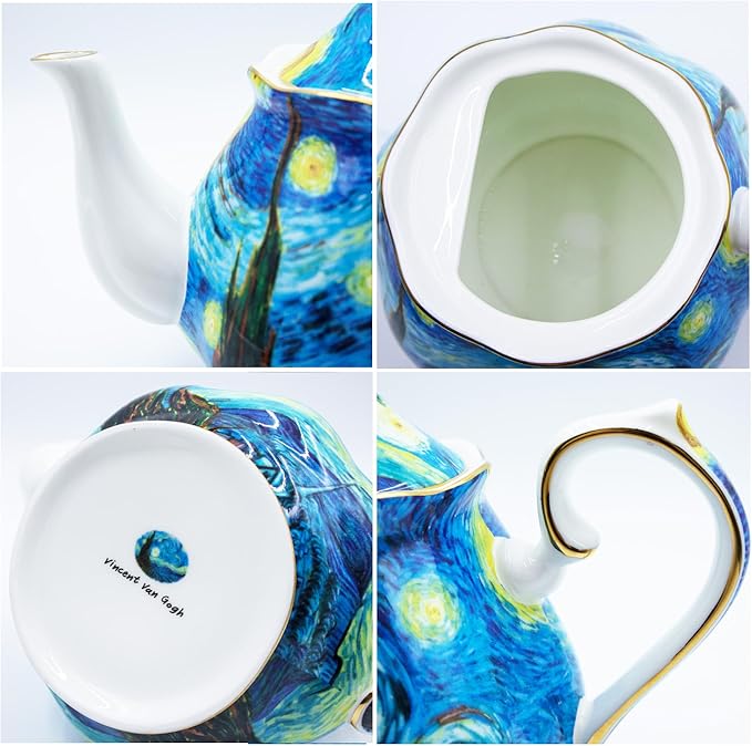 Teapot 30 oz Vangogh Paintings Bone China Loose Tea Pot Floral Design Vintage Ceramic Coffee Water Pot European Style Porcelain (Starry Sky)