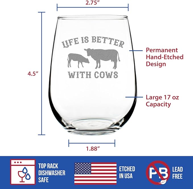 Custom Life Is Better With Cows - Personalized Stemless Wine Glass - Funny Cow Gifts and Decor for Men & Women - Large 17 oz Glasses - Customized Wine Glass Gift