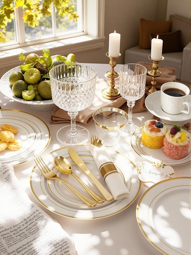 WDF 175PCS White and Gold Plastic Plates - Gold Plates Disposable - 25 Guest Gold Disposable Dinnerware Sets Include 50 Plate, 25 Cutlery, 25 Napkins and 25 Cups for Party Wedding Valentine's Day