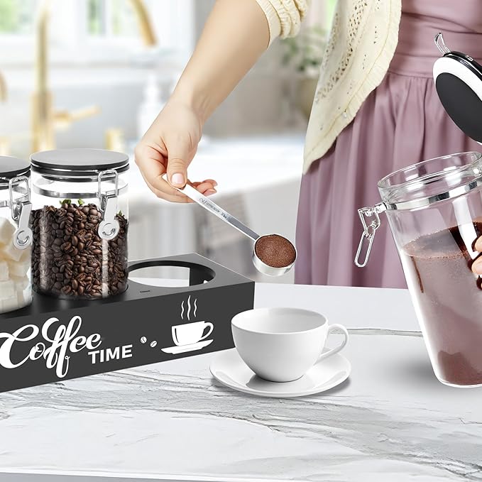 OARSE 3 PCS Glass Coffee Container with Wooden Shelf,3 x 54 oz Glass Coffee Bean Storage Container with Airtight Locking Clamp Lid Spoons Coffee Canister Set,Jars for Coffee Beans,Nuts,Tea,Sugar