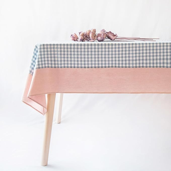 MONDAY MOOSE Gingham Checkered Farmhouse Rustic Picnic Style Decoration Rectangle Natural Stonewashed Cotton Tablecloth for Kitchen, Dining Room, Restaurant (60x86 inch, Blue/Clay)