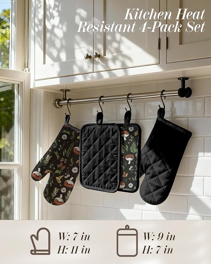 Cotton Oven Mitts and Pot Holders Sets - Quilted Lining Heat Resistant 4 Pieces Set with Hanging Loop Cute Farmhouse Boho Spring Kitchen Decor and Accessories, Black Mushroom