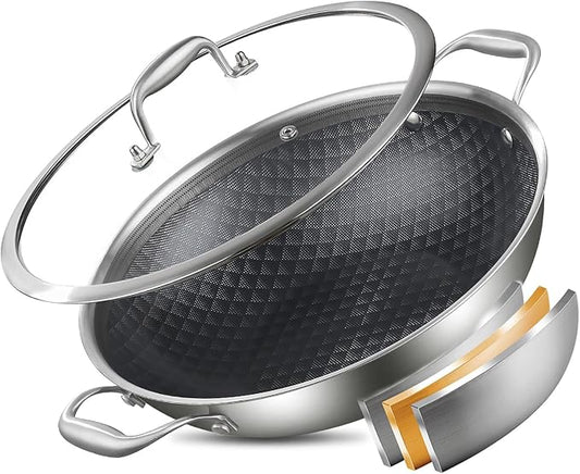 DELARLO Wok Pan With Lid 12 Inch Non stick wok,Oven Safe Up to 600℉,Woks & Stir-Fry Pans Nonstick,Tri-Ply Stainless Steel Wok, 5QT Nonstick Deep Frying Pan, Induction Saute Pan With Lid
