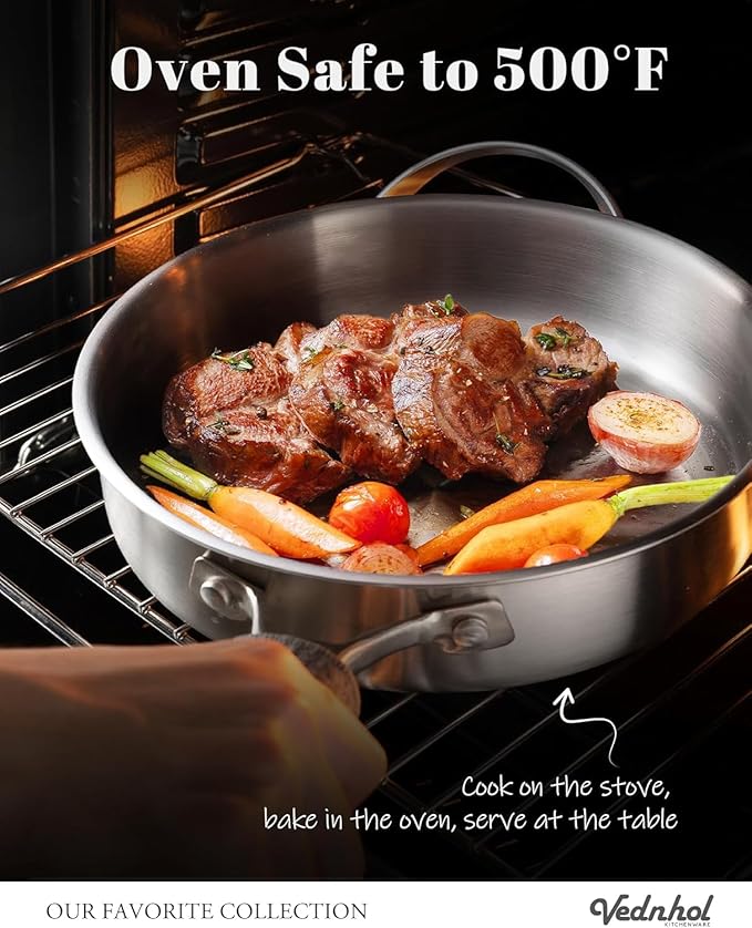 Stainless Steel Saute Pan with Stainless Steel Lid 7-Quart,13-Inch Deep Skillet,Dishwasher&Oven Safe,Induction&All Stove Compatible,Brushed Finish