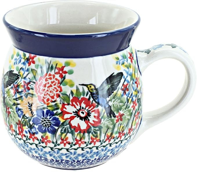 Blue Rose Polish Pottery - Red Hummingbird Bubble Mug - 16 oz - Unique Shape Mug for Coffee & Tea