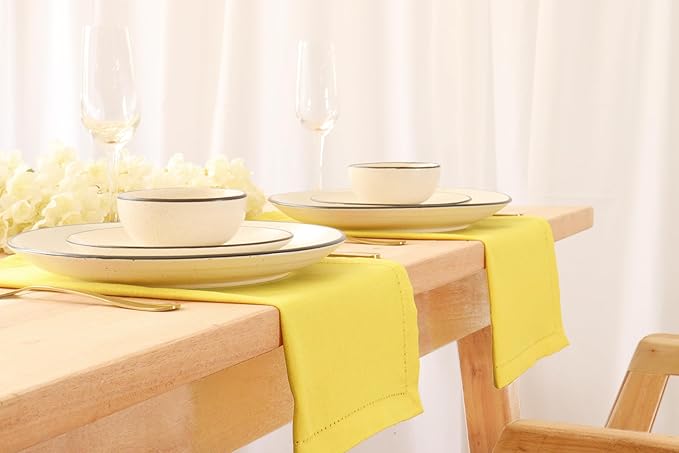 PurpleEssences Set of 6 Hemstitch Cloth Dinner Napkins 100% Cotton - Soft Durable Washable - Ideal for Wedding Christmas Holiday Winter - Perfect Everyday Use Table Linen 18x18 - Yellow