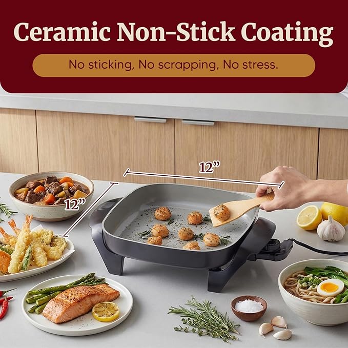 Elite Gourmet 12"x12"x2.15” Ceralast™ PFAS Free Ceramic Electric Skillet, Dishwasher Safe, Rapid Heat Up, 1200W, Dark Grey