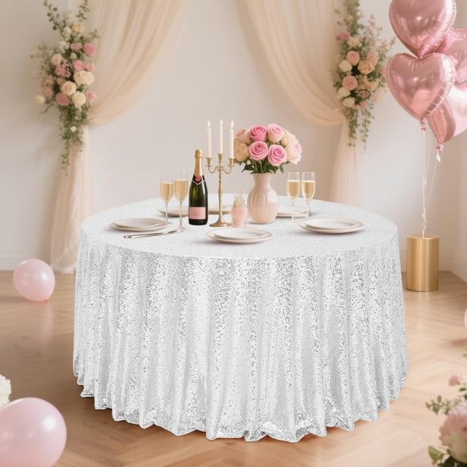Eternal Beauty Silver Tablecloth, 120 Inch Round Sequin Tablecloth for Party Cake Dessert Table Exhibition Events