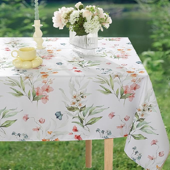 MATIRUG Spring Summer Tablecloths Rectangle 52x70 Inch, Spill Proof Watercolor Floral Table Cloth,Washable Wrinkle Free Print Green Fabric Table Cover for Picnic Patio Outdoor