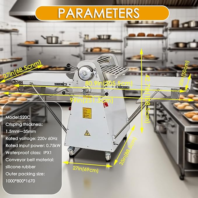 INTBUYING Electric Dough Sheeter Machine 20x80.9'' Belt Reversible Puff Pastry Roller Sheeter Croissant Bread Dough Flatten Presser Stainless Steel Danish Maker Folding Sheeter for Bakery 220V/60HZ